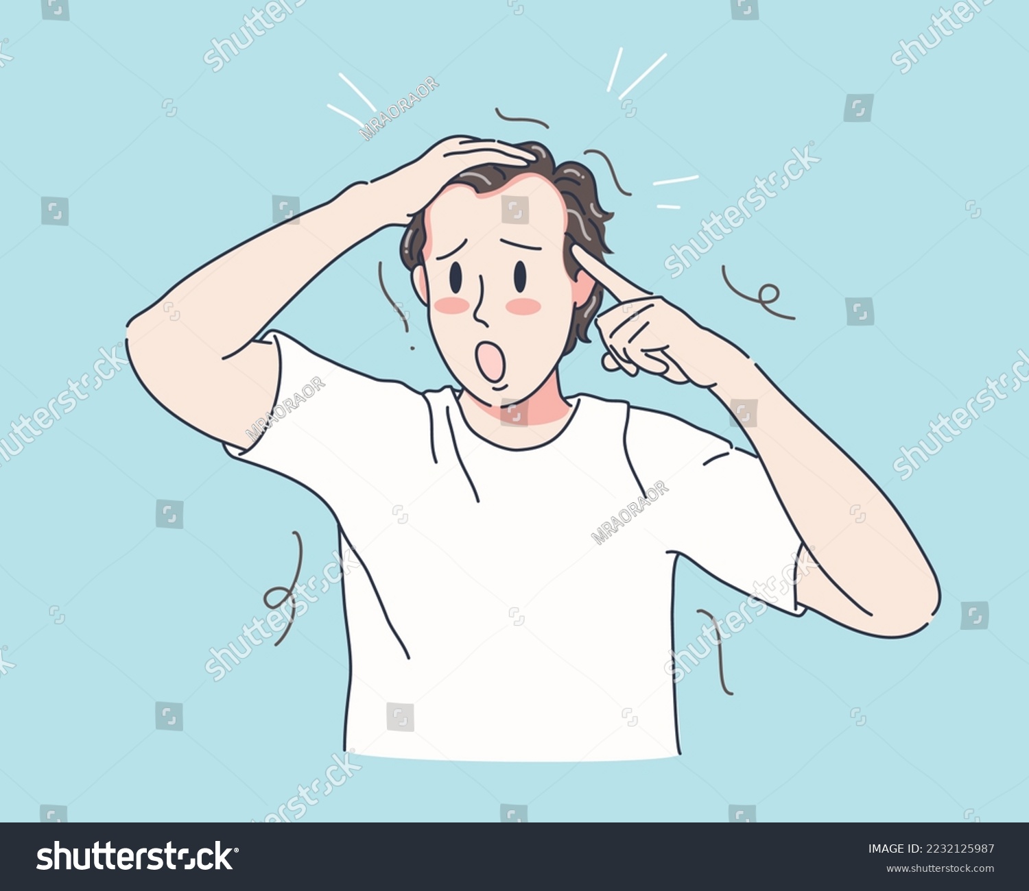 Young Man hand pointing to bald head with serious hair loss and thin hair problem for health care shampoo and beauty product concept, vector illustration #2232125987