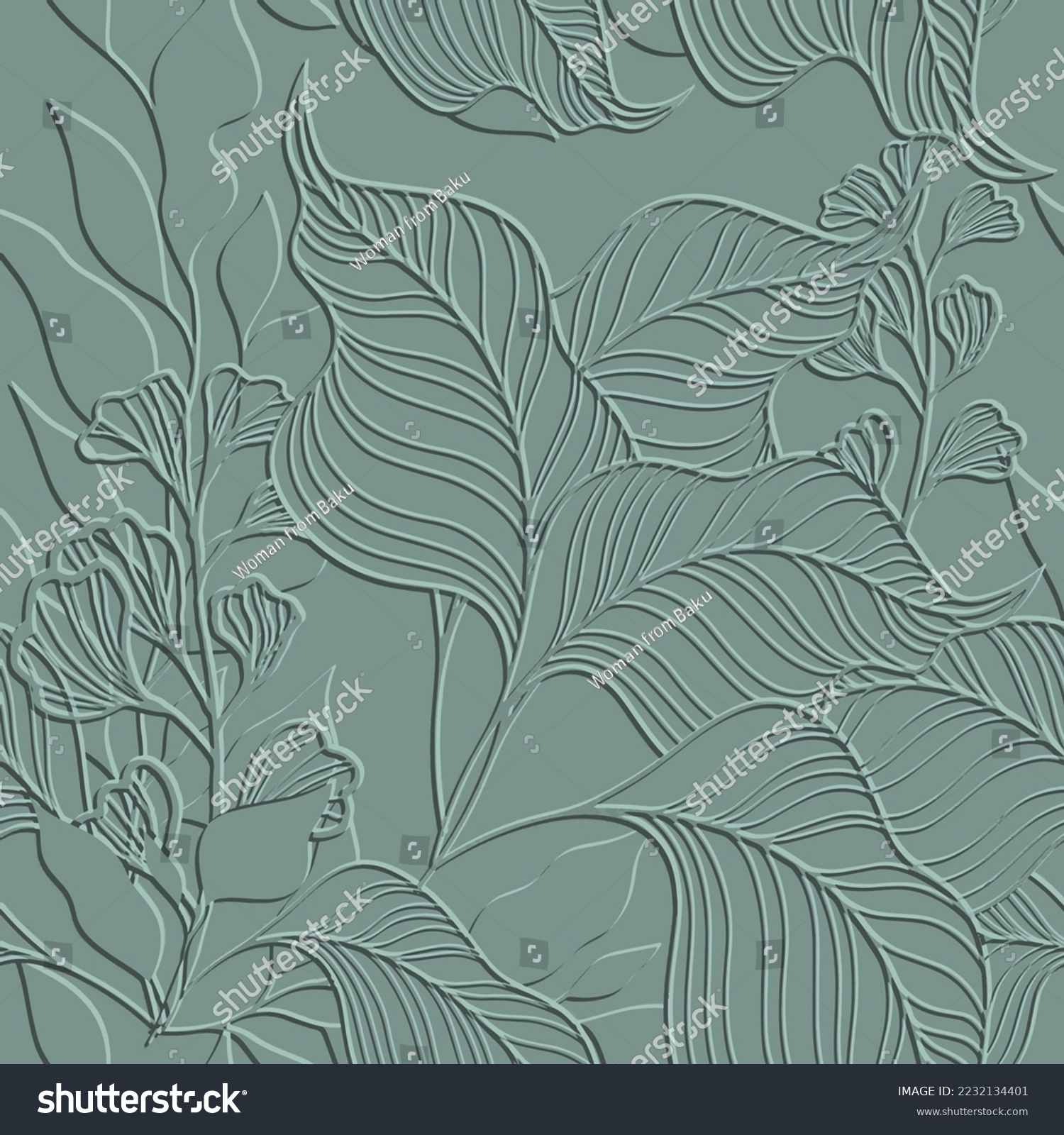 Leafy green 3d lines seamless pattern. Tropical floral background. Repeat textured green vector backdrop. Surface emboss leaves. 3d ornament with embossing effect. Leafy embossed endless leaf texture. #2232134401