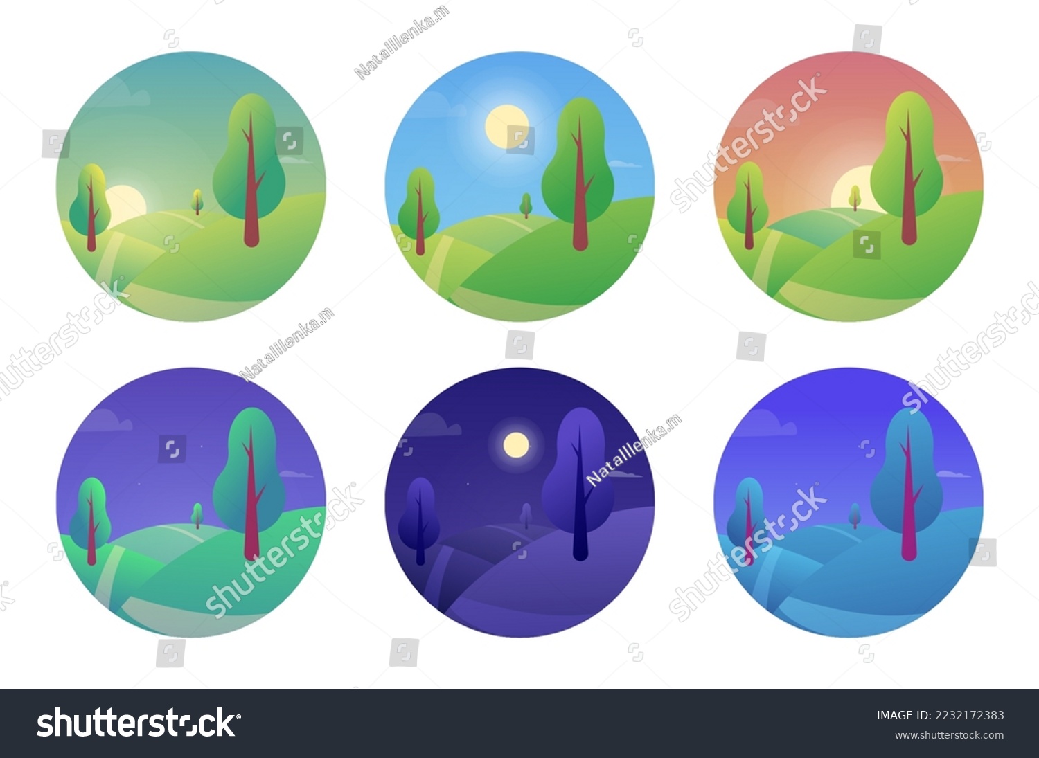 Day and night landscape. Morning dawn. Afternoon and evening sky. Sun light gradient. Dusk and sunset. Wild hills meadow with trees. Nature panoramas set. Vector illustration recent icons #2232172383