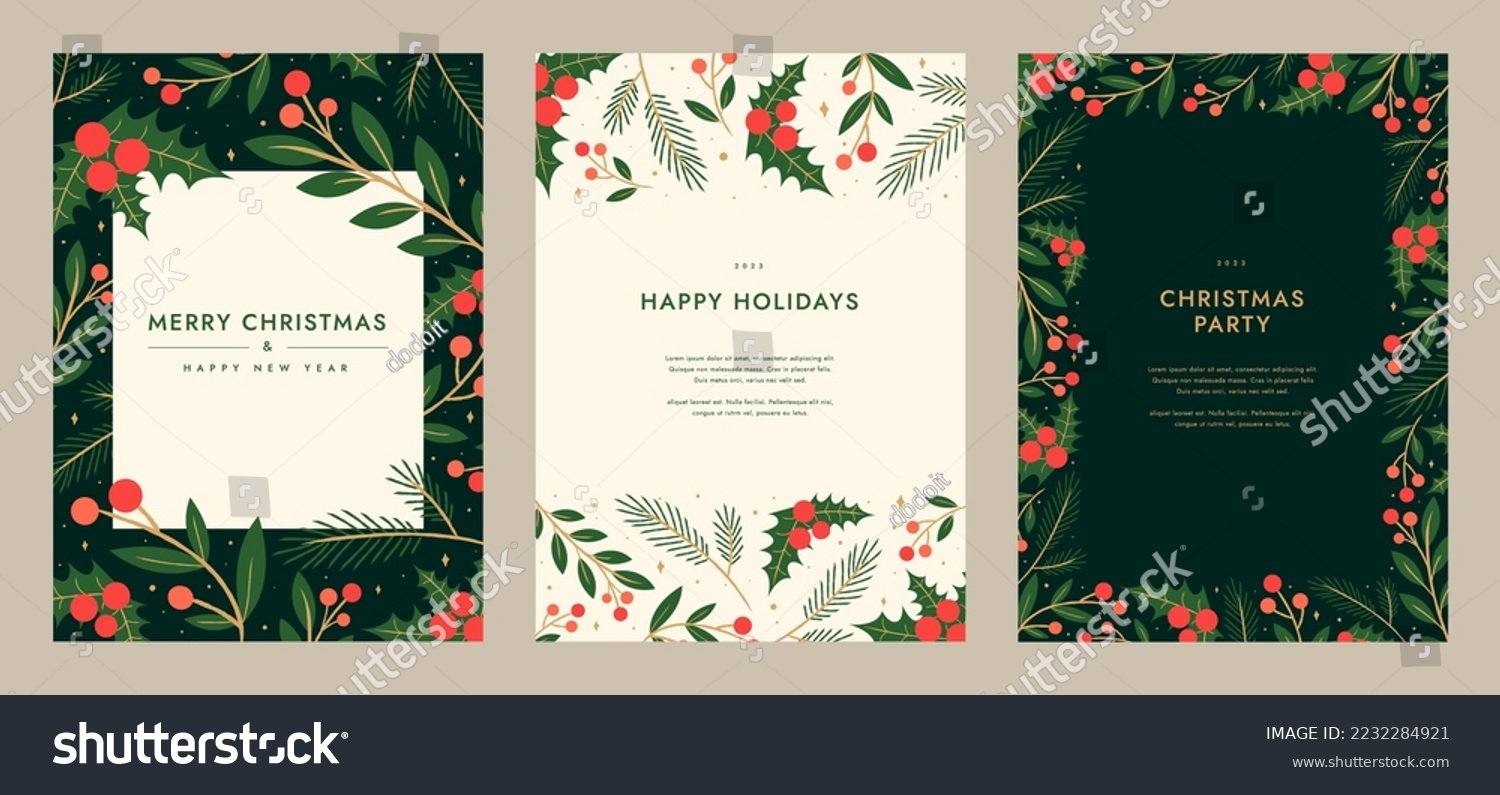 Merry Christmas artistic templates. Corporate Holiday card and invitation. Floral frame and background design. greeting card, poster, holiday cover, banner, flyer. Modern flat vector illustration. #2232284921