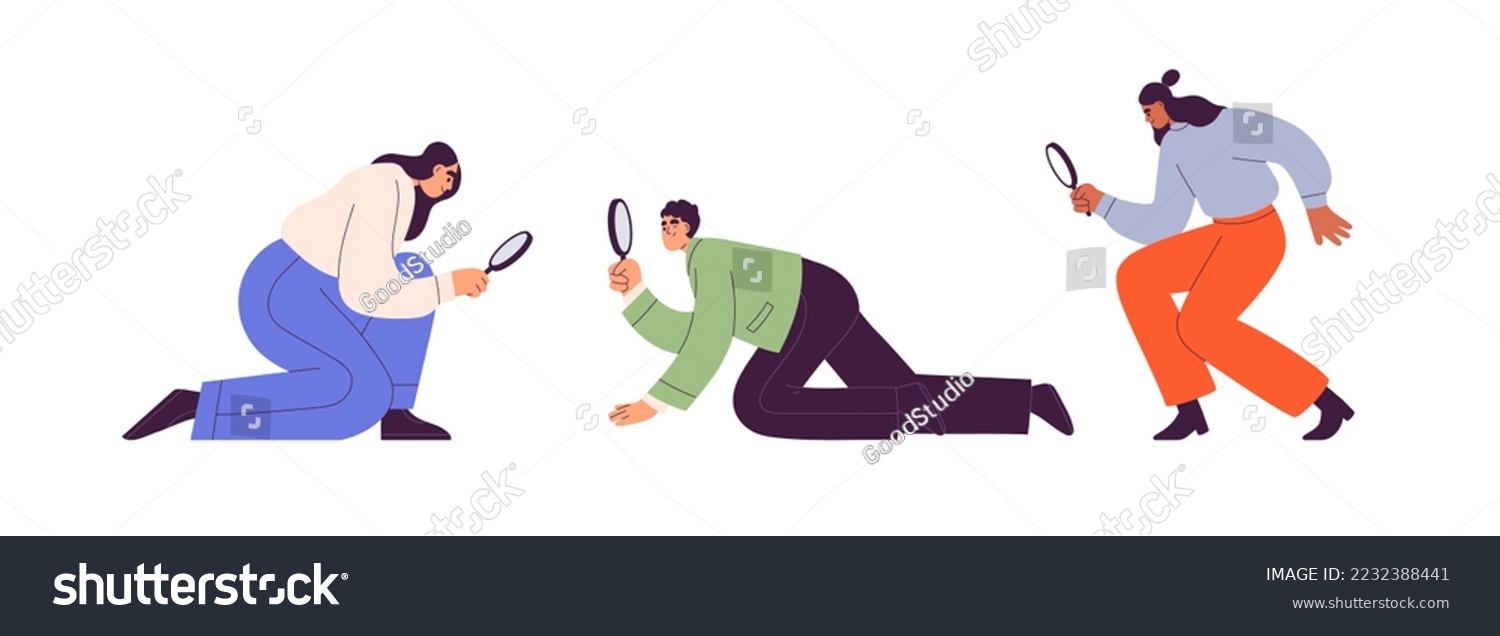 People searching, looking with magnifying glass, lens. Characters with loupes, magnifiers investigating, analyzing. Business research concept. Flat vector illustrations isolated on white background #2232388441