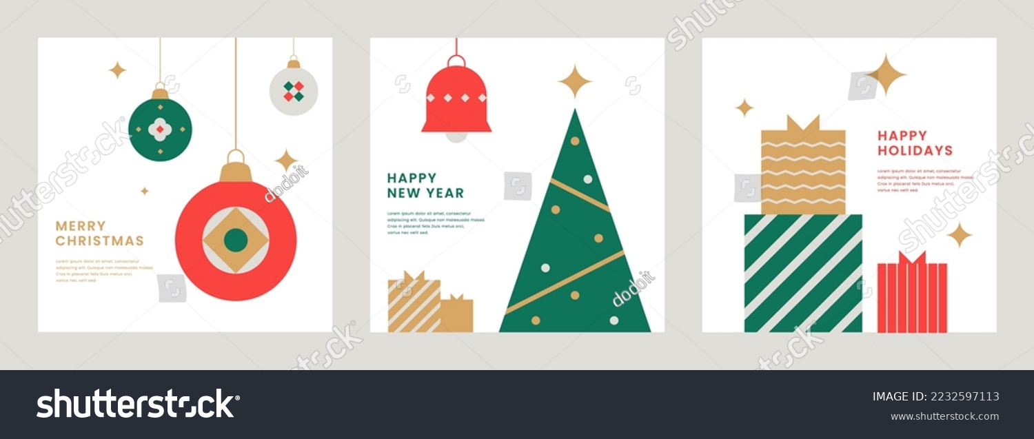 Simple christmas and happy new year background collection. Elegant geometric minimalist style. Decoration and Xmas tree. Winter cover, invitation card, poster design. Modern flat vector illustration. #2232597113