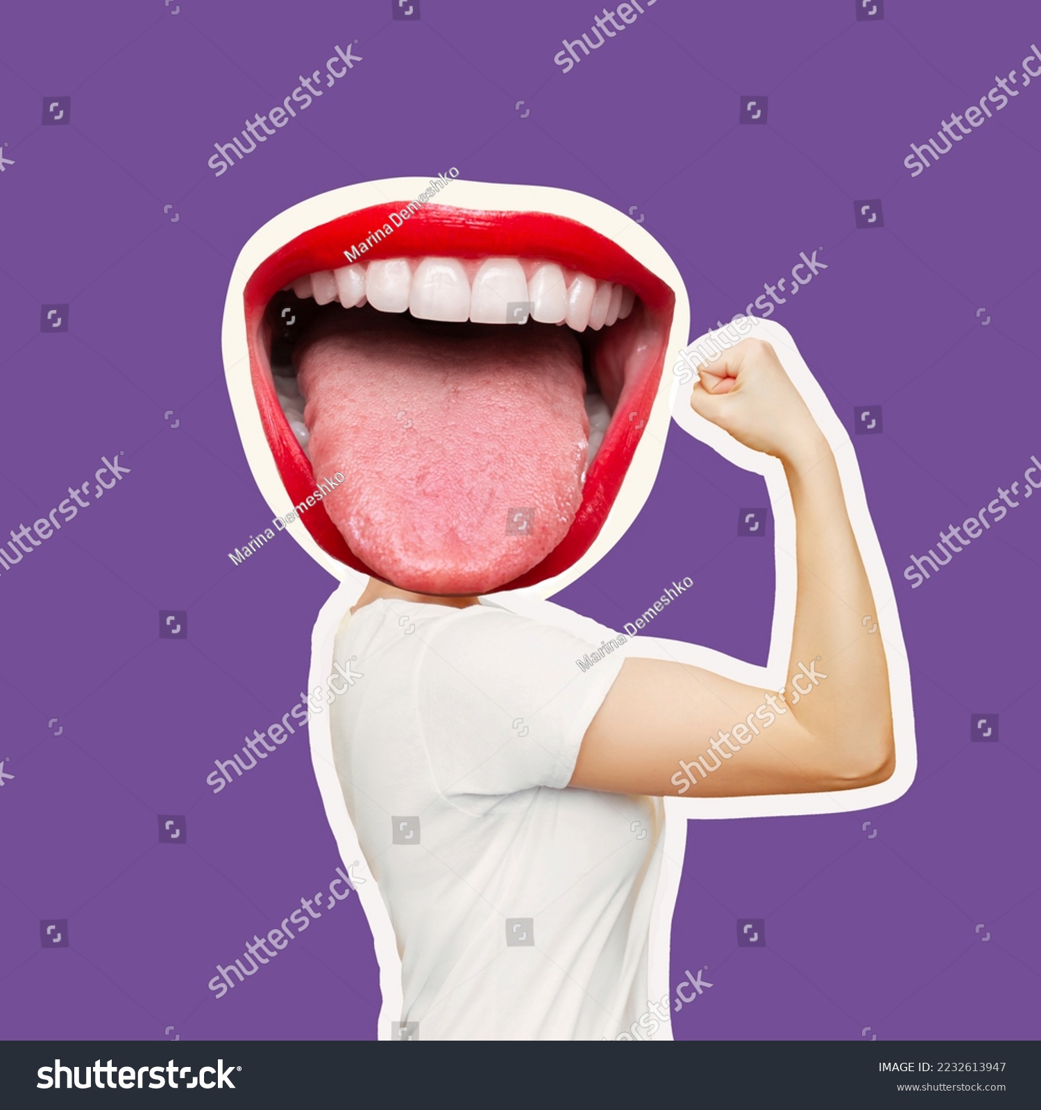 Strong woman headed by wide open mouth raises arm and shows bicep isolated on purple color background. Support women rights, feminism. Trendy collage in magazine style. Contemporary art. Modern design #2232613947