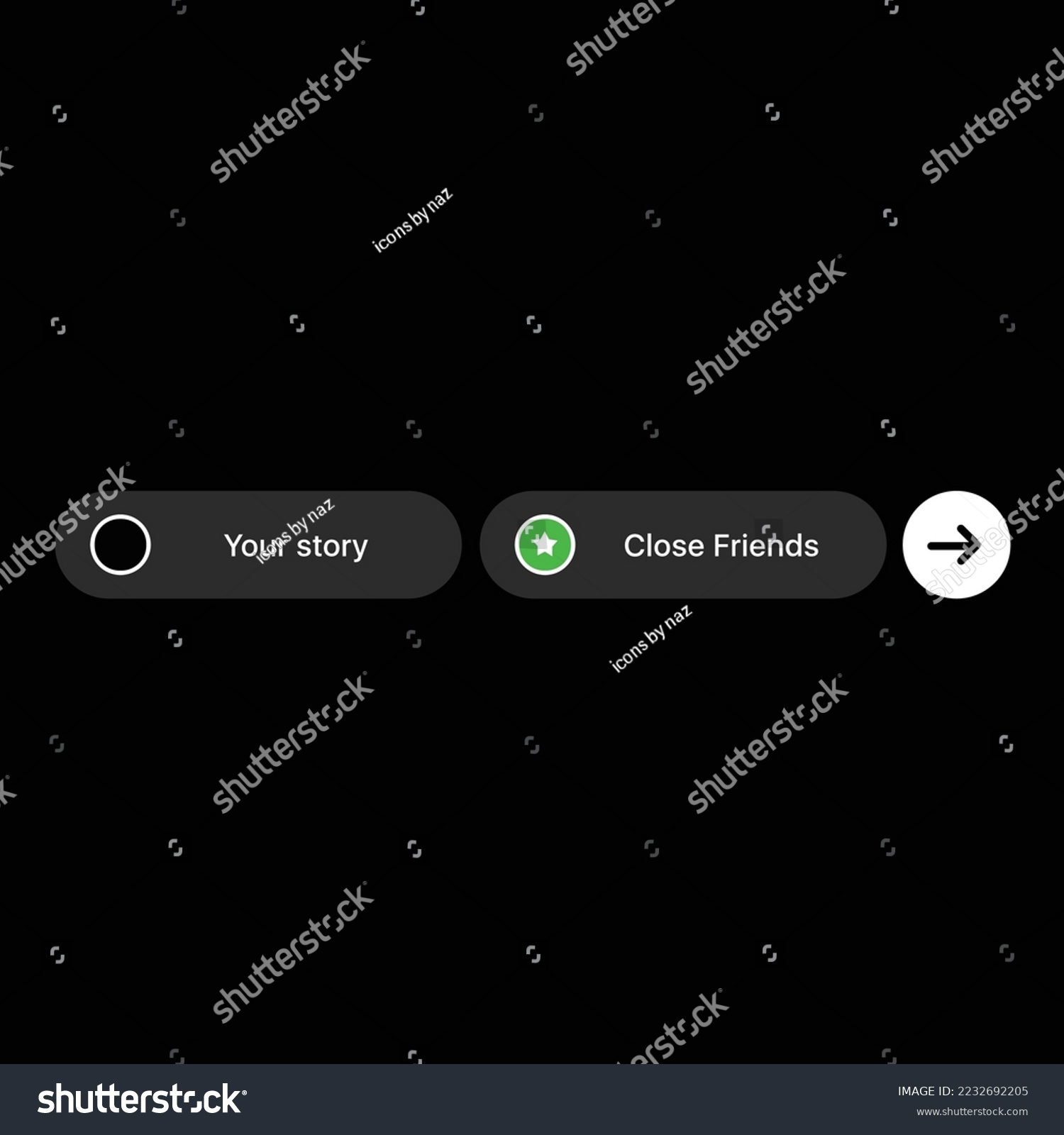 social media Instagram stories icons and buttons. close friends button, adding, sending, and sharing stickers. dark mode flat vector symbols. #2232692205
