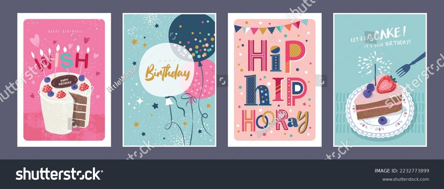 Set of lovely birthday cards design with cakes, balloons and typography design. #2232773899