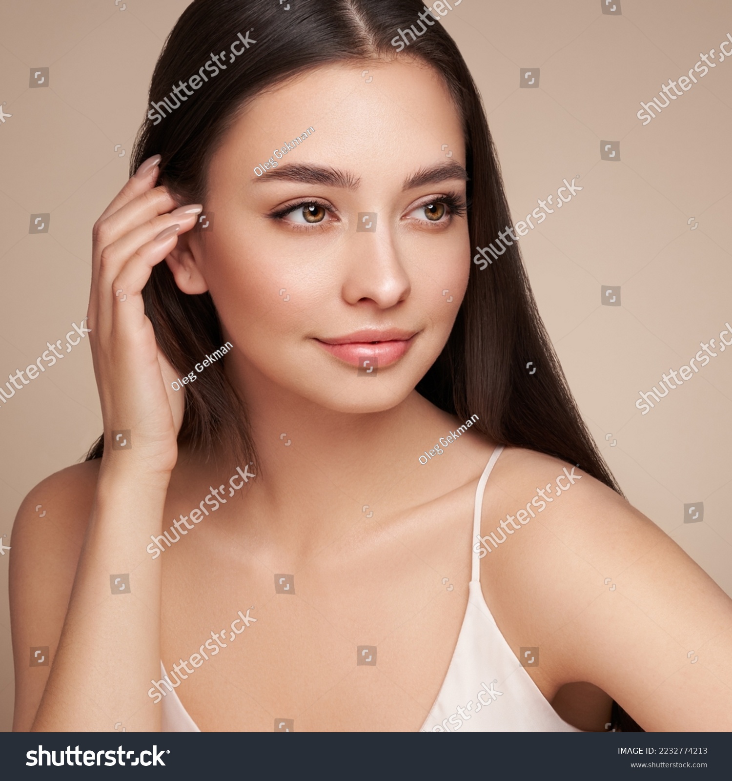 Portrait beautiful young woman with clean fresh skin. Model with healthy skin, close up portrait. Cosmetology, beauty and spa #2232774213