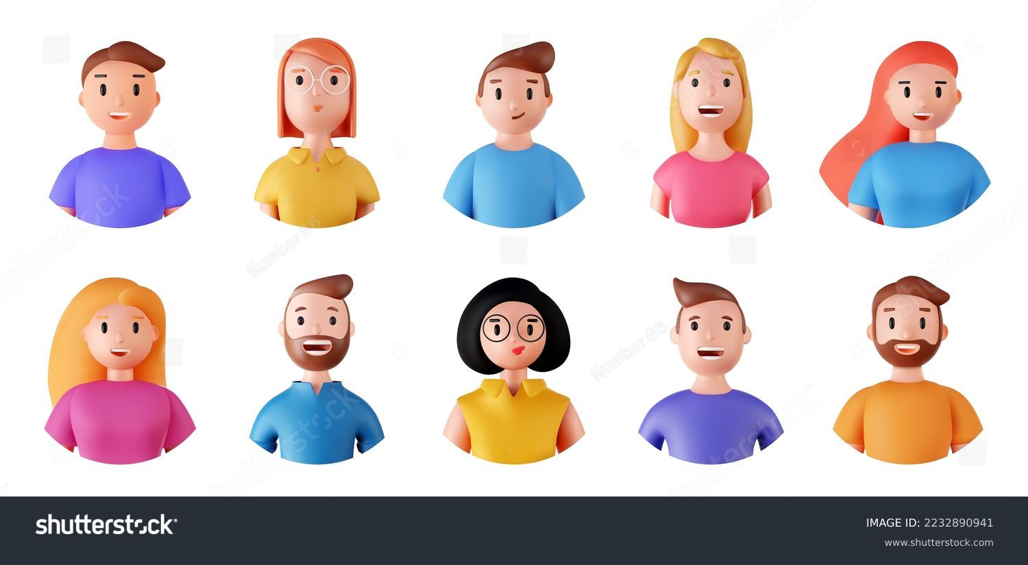 Set of 3d portraits of happy people on a white background. Cartoon characters woman and man, vector illustration. #2232890941