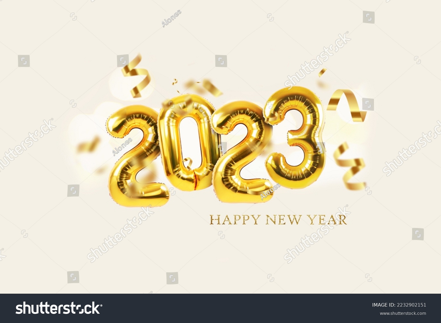 Happy new year 2023 golden balloons with confetti and bokeh on a light background.  #2232902151