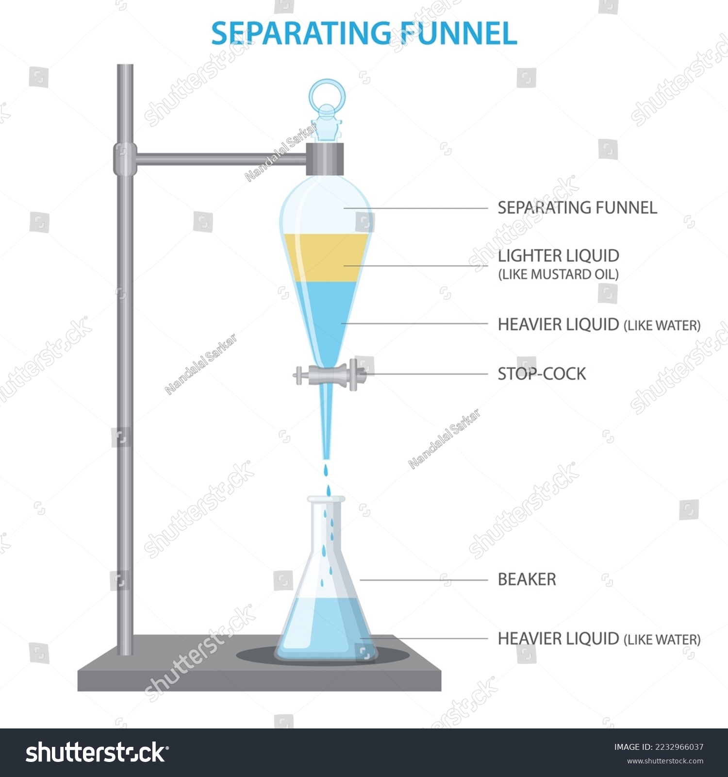 separating funnel laboratory glassware used in liquid-liquid extractions to separate or partition the components of a mixture into two immiscible solvent phases of different densities.  #2232966037