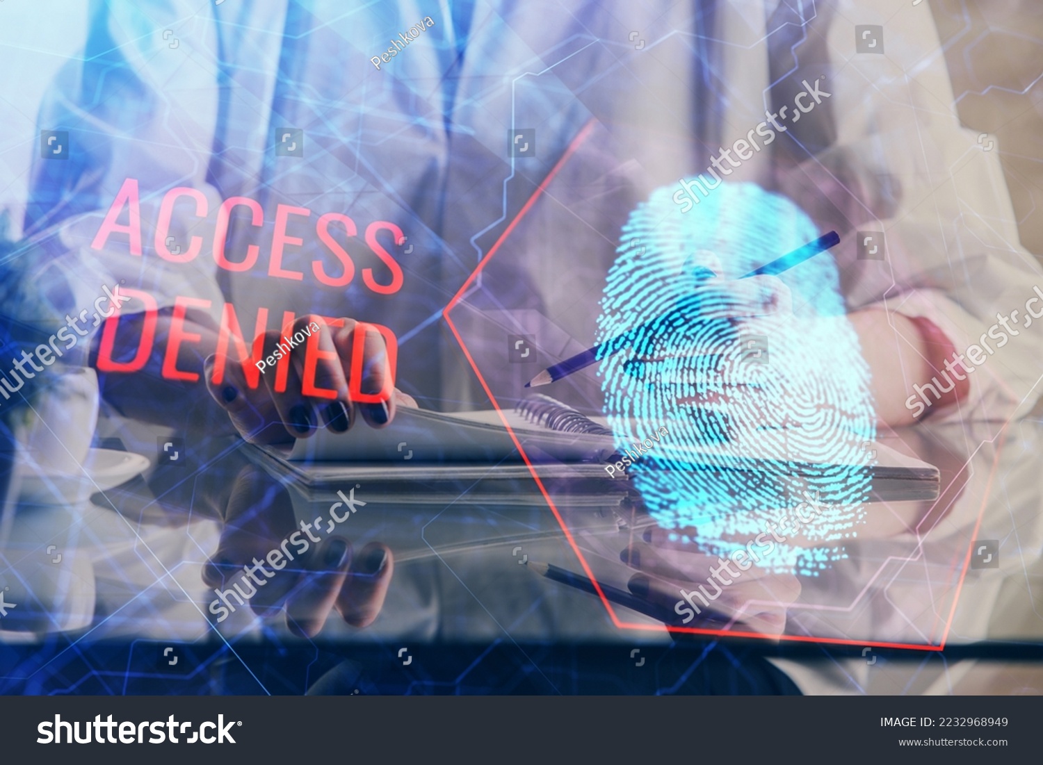 Blue fingerprint hologram over hands taking notes background. Concept of security. Double exposure #2232968949