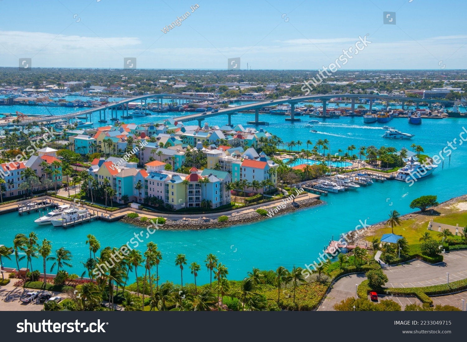 Harborside Villas aerial view at Nassau Harbour with Nassau downtown at the background, from Paradise Island, Bahamas. #2233049715