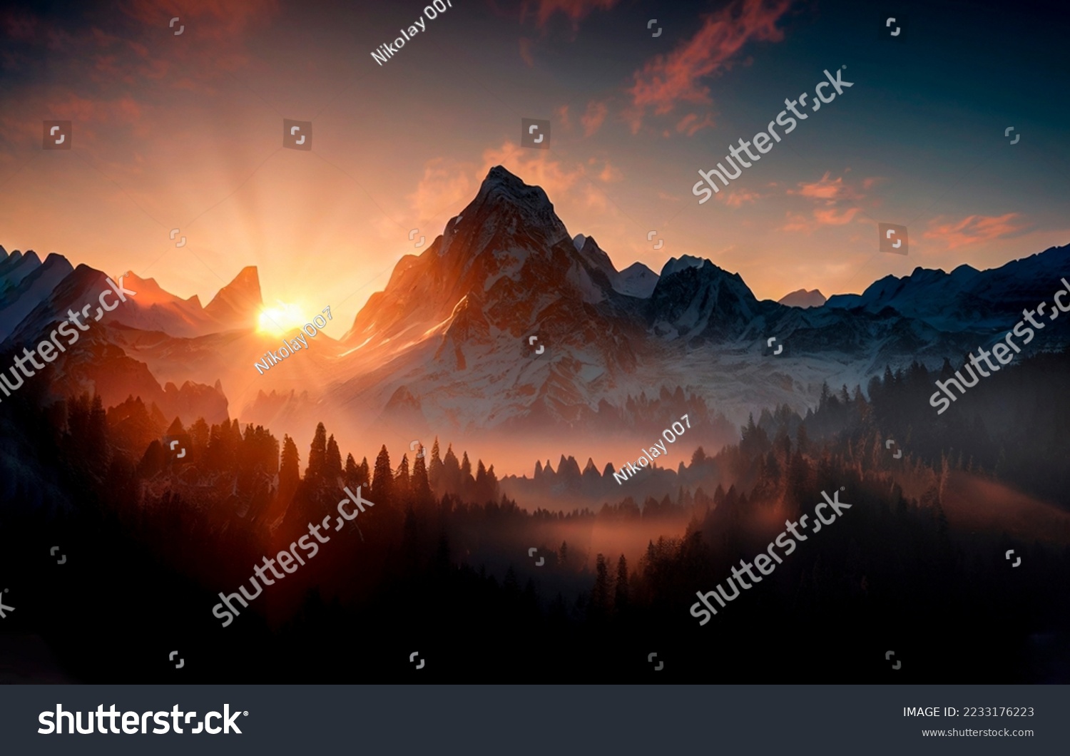 Dawn over the snow capped mountains. Snowy mountain peak at dawn. Sunrise in mountains. Mountain sunrise landscape #2233176223