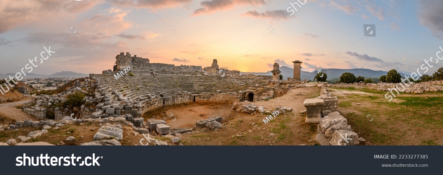 Xanthos Ancient City. Grave monument and the ruins of ancient city of Xanthos - Letoon in Kas, Antalya, Turkey at sunset. Capital of Lycia. #2233277385