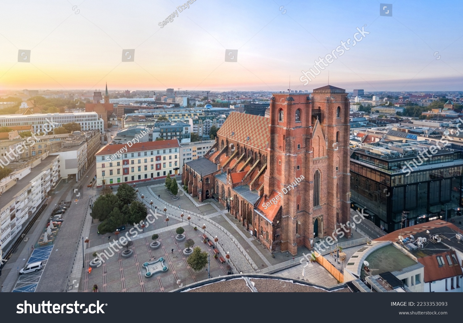 Aerial view of St. Mary Church at sunrise in Wroclaw, Poland #2233353093