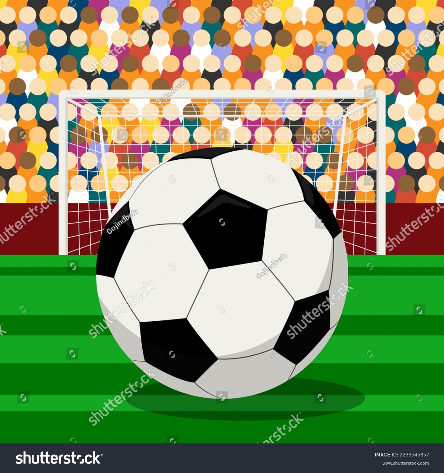 Vector illustration of a soccer ball on the background of a soccer field, goal posts and spectators. Flat design background. #2233545857