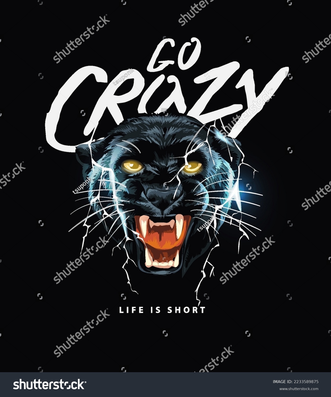 go crazy slogan with panther head and lighning vector illustration on black background #2233589875