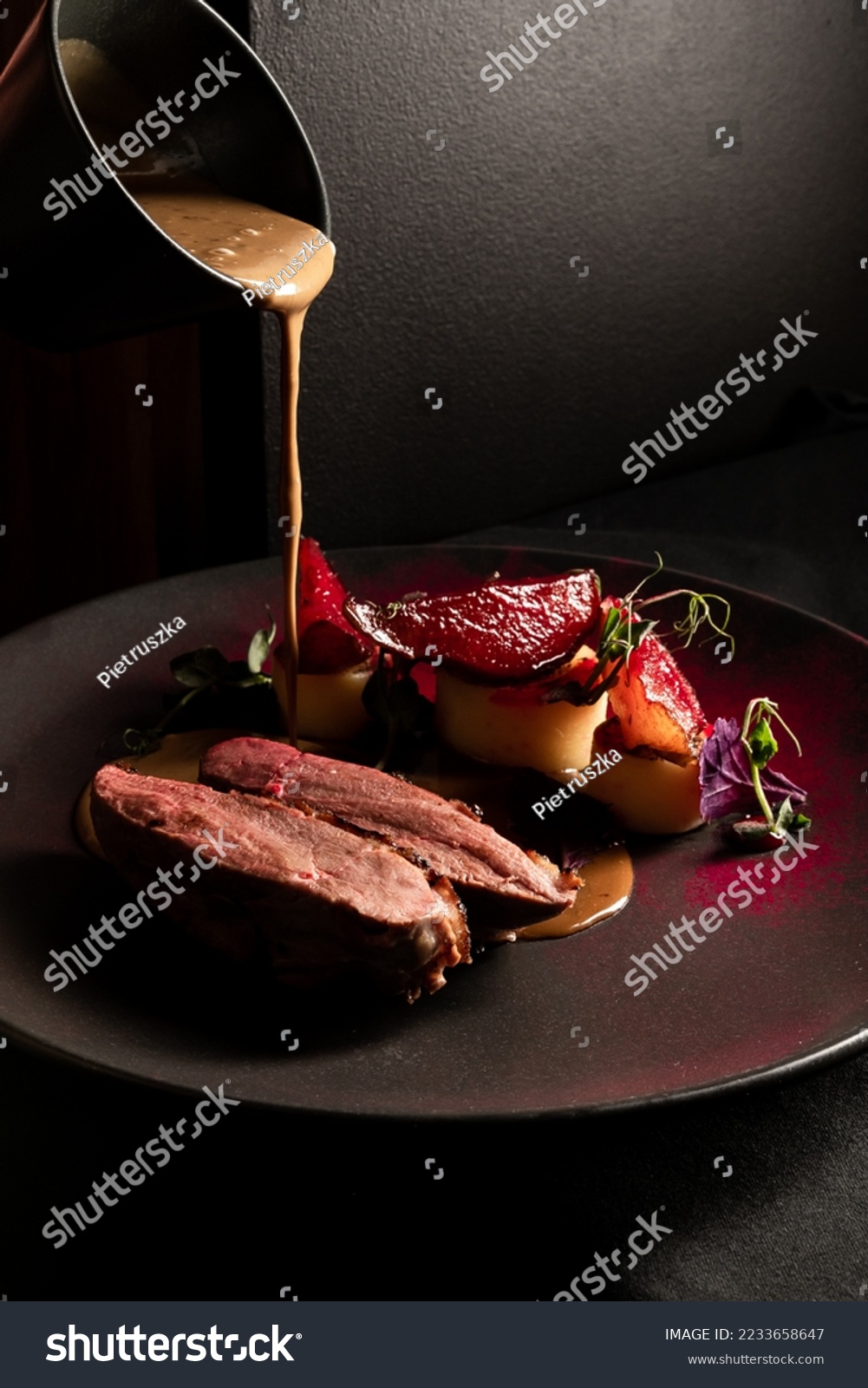 food elegant expensive dish plate dark black gourmet dinner chef #2233658647