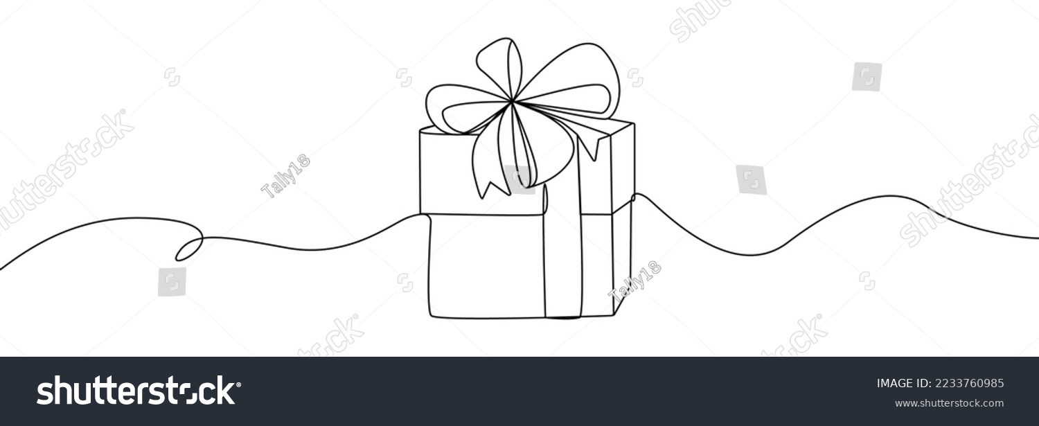 Gift box one line drawing. Continuous one line gift box.Presents with ribbon bow.Hand drawn greeting present box.Line art christmas surprise. #2233760985