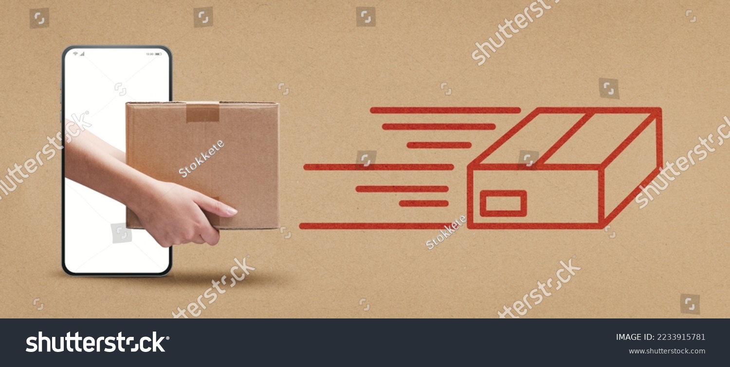 Courier delivering a parcel on smartphone screen and package icon, fast delivery service mobile app #2233915781