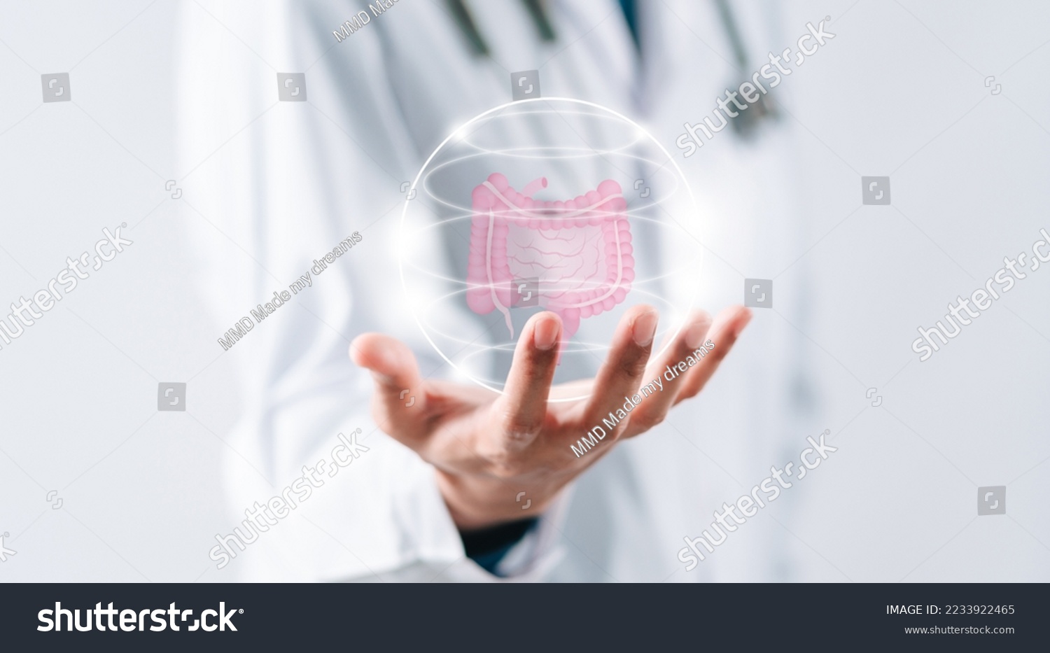 doctor in a white coat hands holding stomach with intestine virtual icon, probiotics food for gut health, colon cancer, bowel inflammatory. Health checkup concept. #2233922465