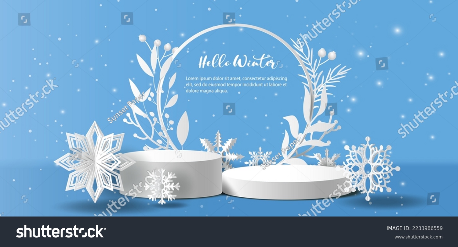 Winter sale product banner, 
podium platform with geometric shapes and snowflakes background, paper illustration, and 3d paper. #2233986559
