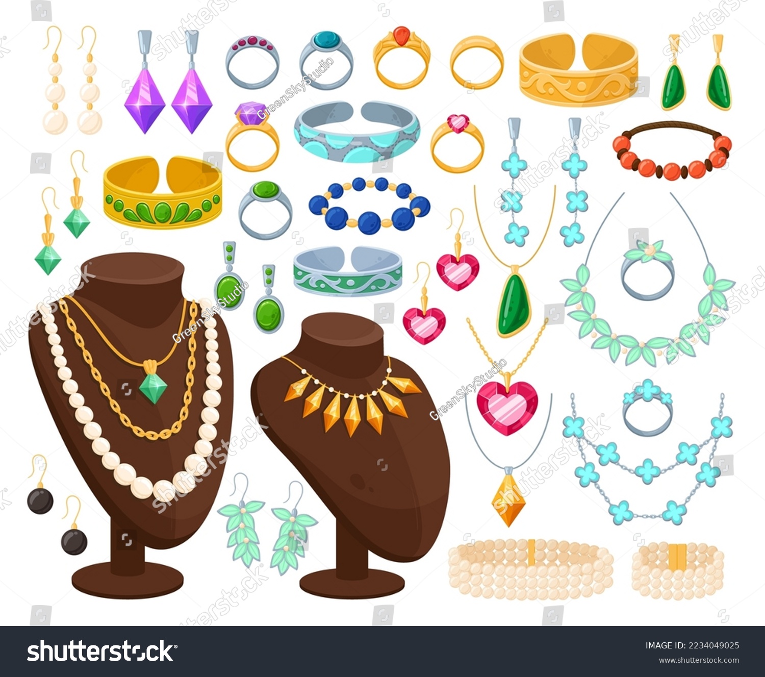 Cartoon gold and silver jewelry. Precious diamond necklace, golden earrings, pearl pendant, gemstone ring, brooch and bracelet flat vector illustration set. Glamorous jewelry accessories #2234049025