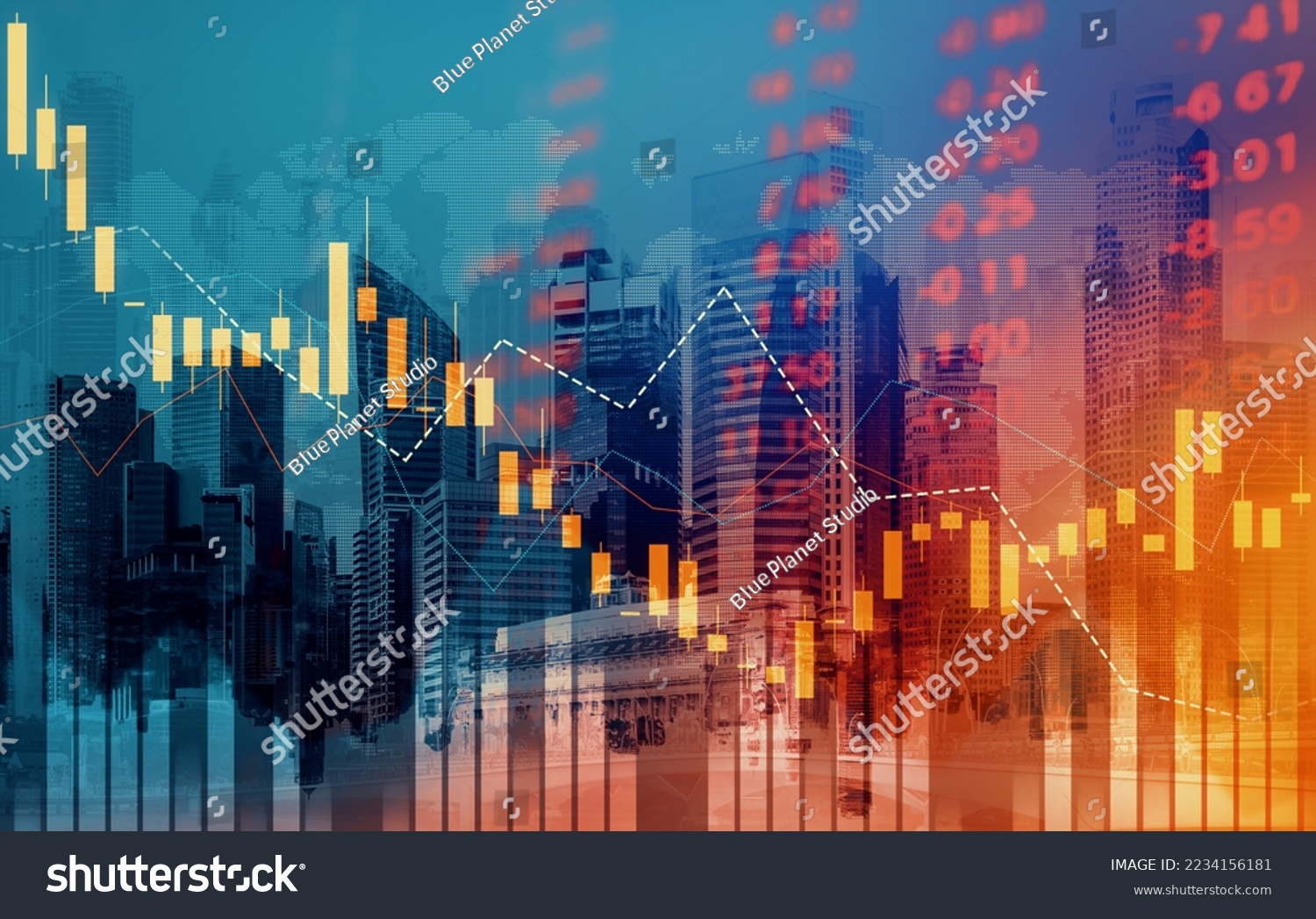 Economic crisis concept shown by declining graphs and digital indicators overlap modernistic city background. Double exposure. #2234156181