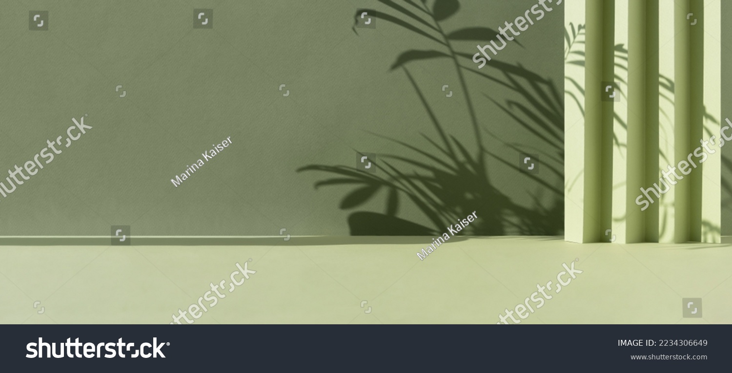 Abstract green background with shadow of palm leaves for the presentation of a cosmetic product. A scene with a geometric backdrop. Podium for product promotion, beauty, natural eco cosmetic. Banner #2234306649