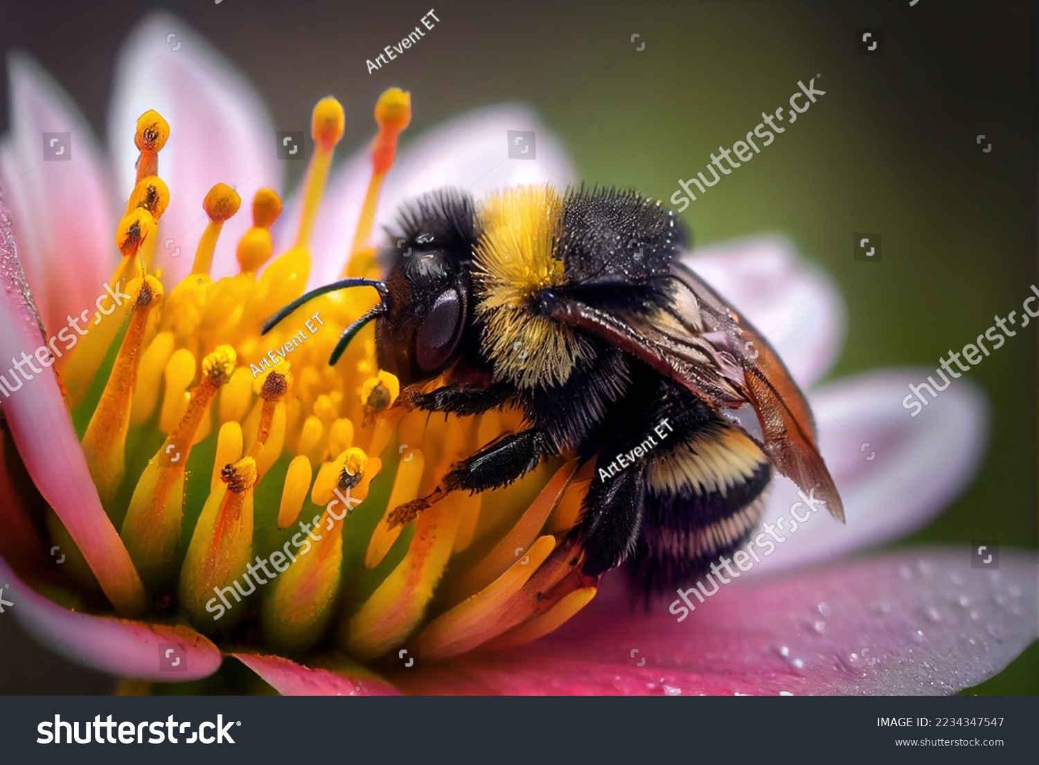 Bumblebee on a flower macro. Bumblebee collects flower nectar #2234347547
