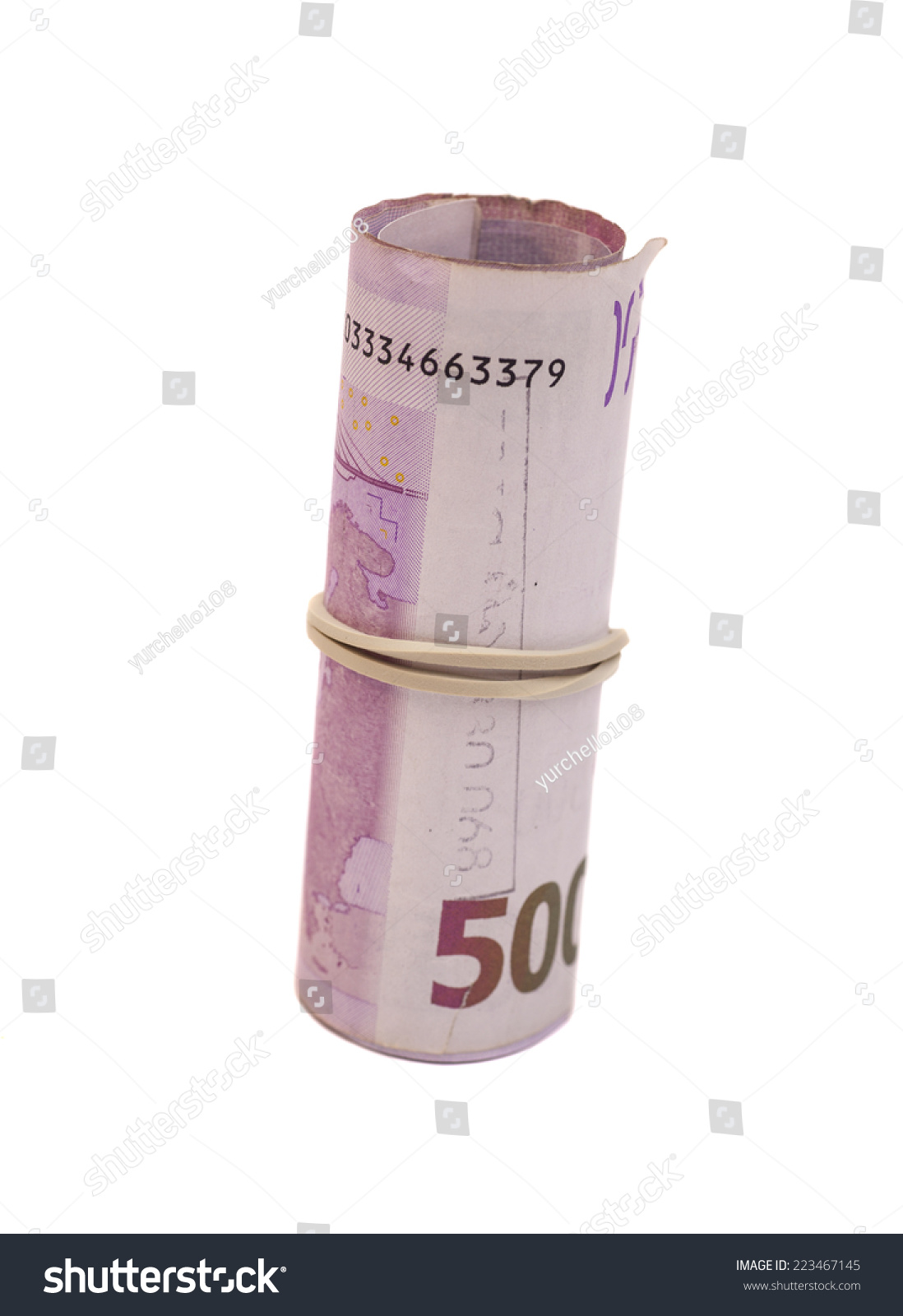 five hundredth banknotes under rubber band  #223467145
