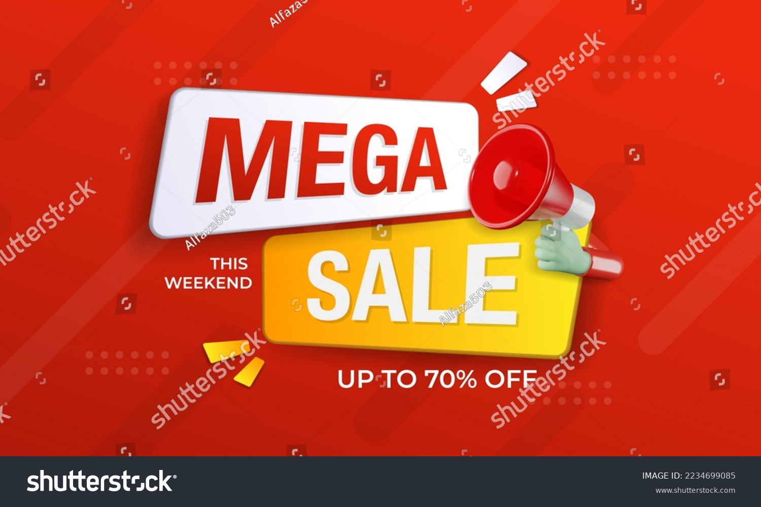 Mega sale banner promotion template with 3D megaphone on red background. Special deal label design #2234699085