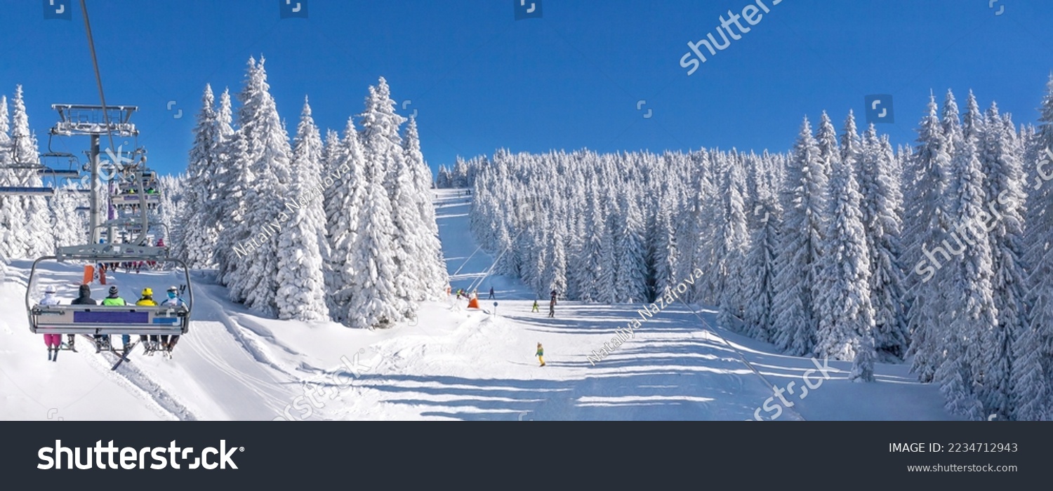 Panorama of ski resort, slope, people on the ski lift, skiers on the piste among white snow pine trees #2234712943