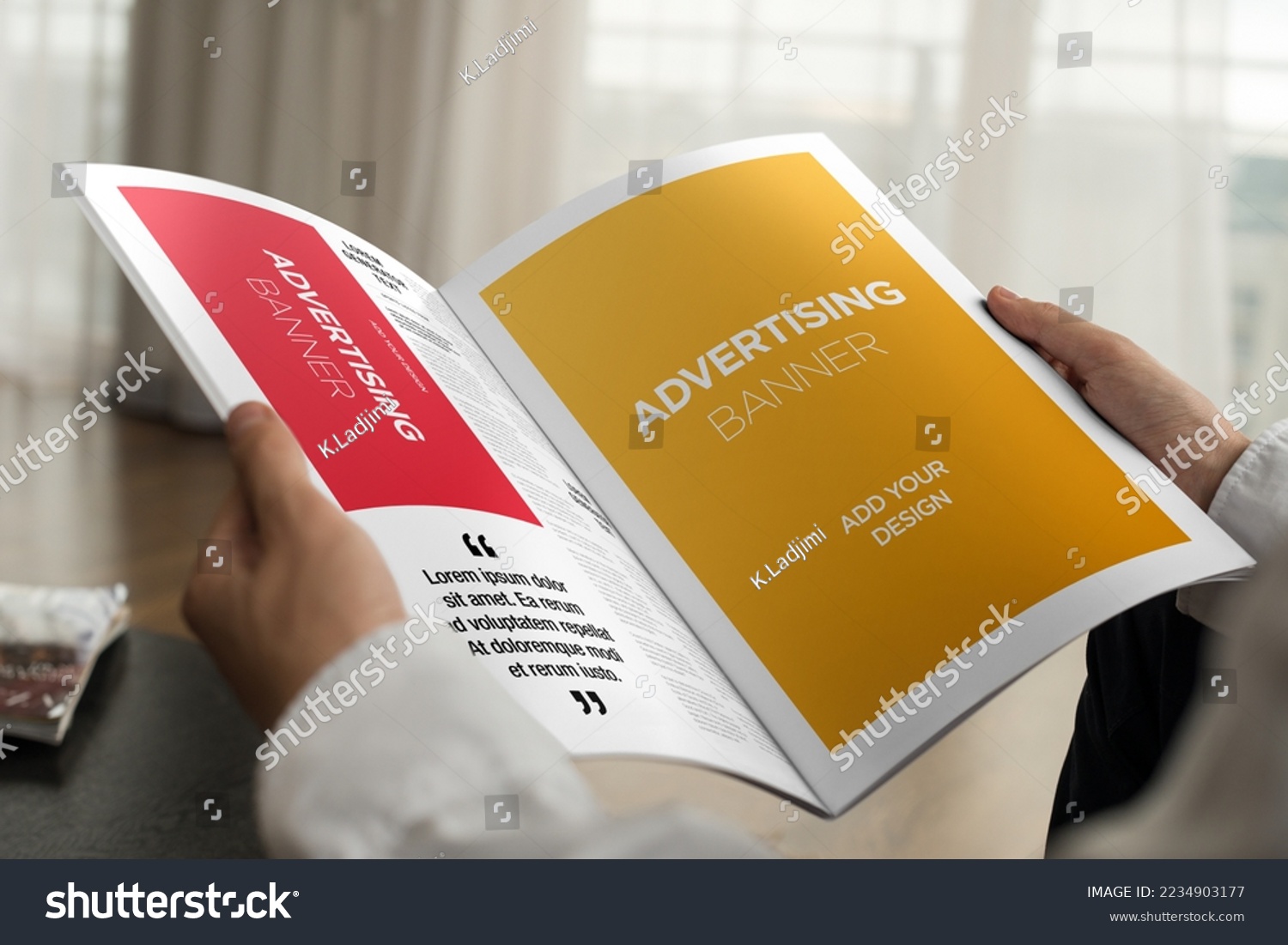 Advertising Banner on Magazine, Brochure Mockup With Hands #2234903177