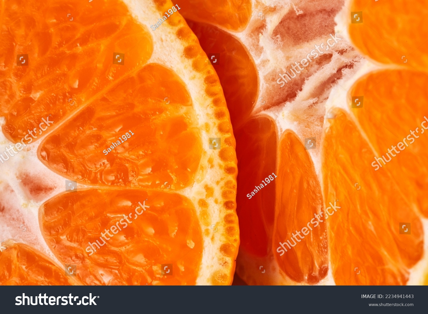 sliced sweet ripe tangerine close-up , macro photo , delicious and healthy citrus fruit , vitamin concept #2234941443
