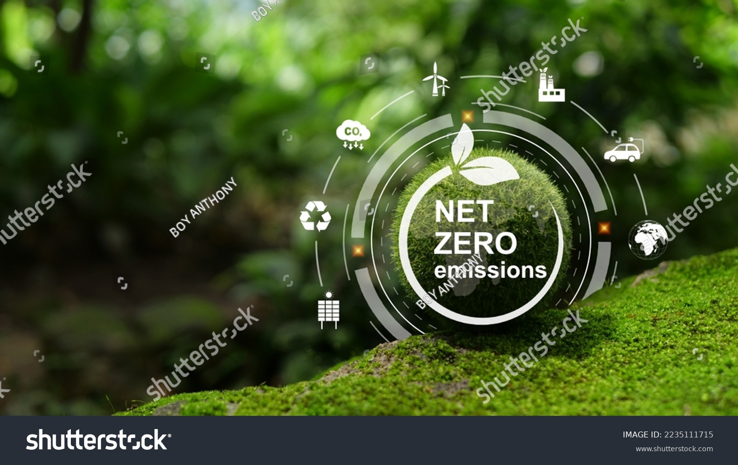 Net-Zero Emission - Carbon Neutrality concept. Close up earth on nature background. Nature Сonservation, Ecology, Social Responsibility and Sustainability. CO2 #2235111715