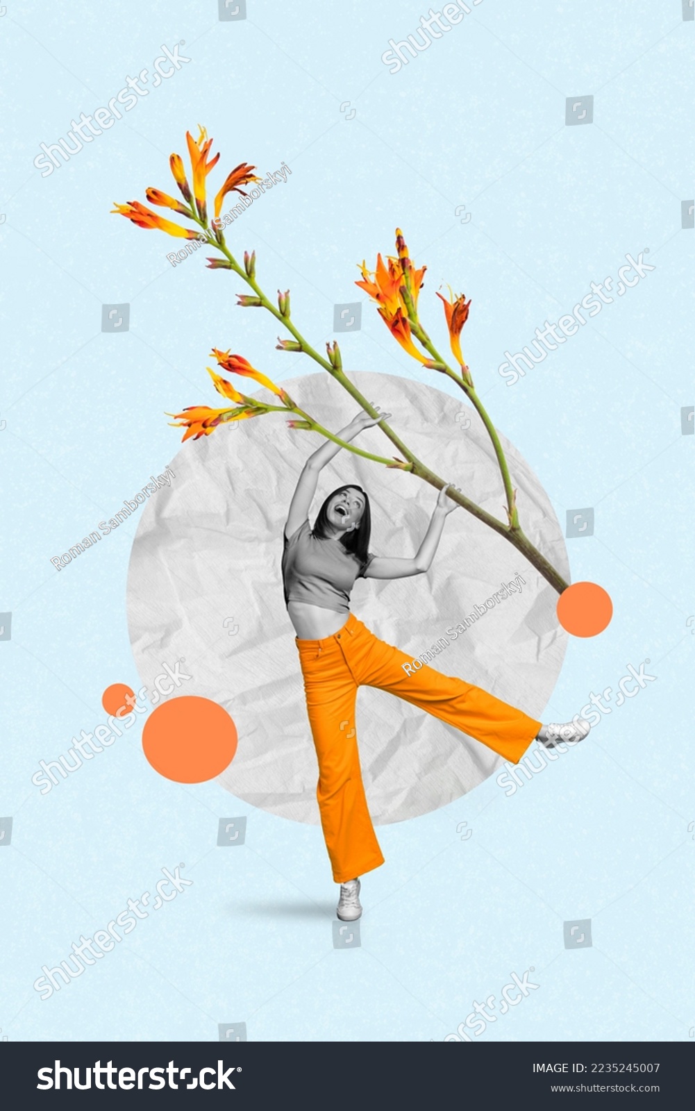 Vertical collage portrait of small black white gamma positive girl arms hold big flower isolated on painted background #2235245007
