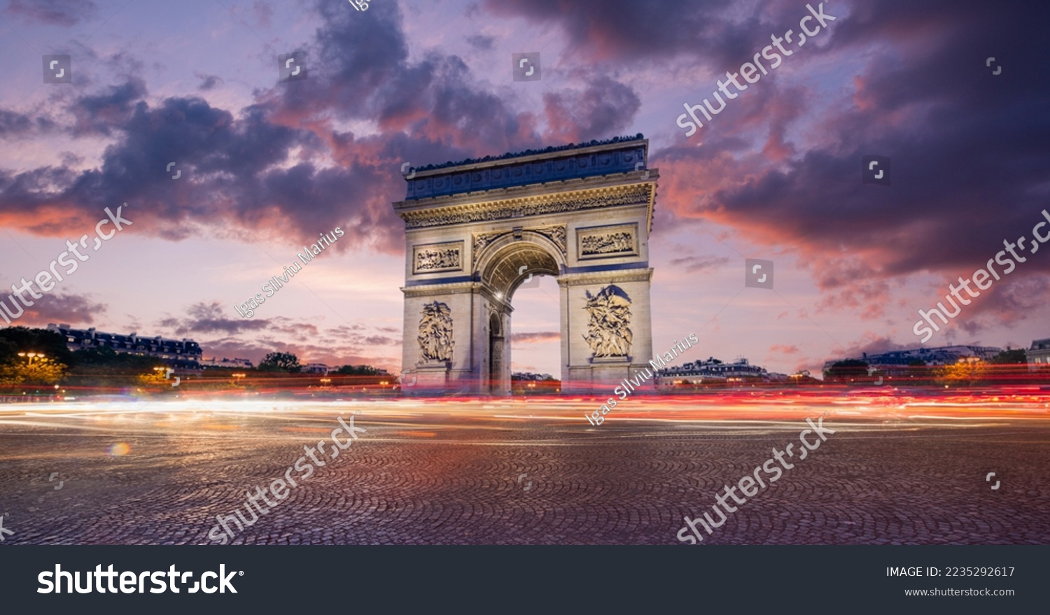 Arc de Triomphe(Arch of Triumph) Paris city at sunset. Long exposure panorama #2235292617