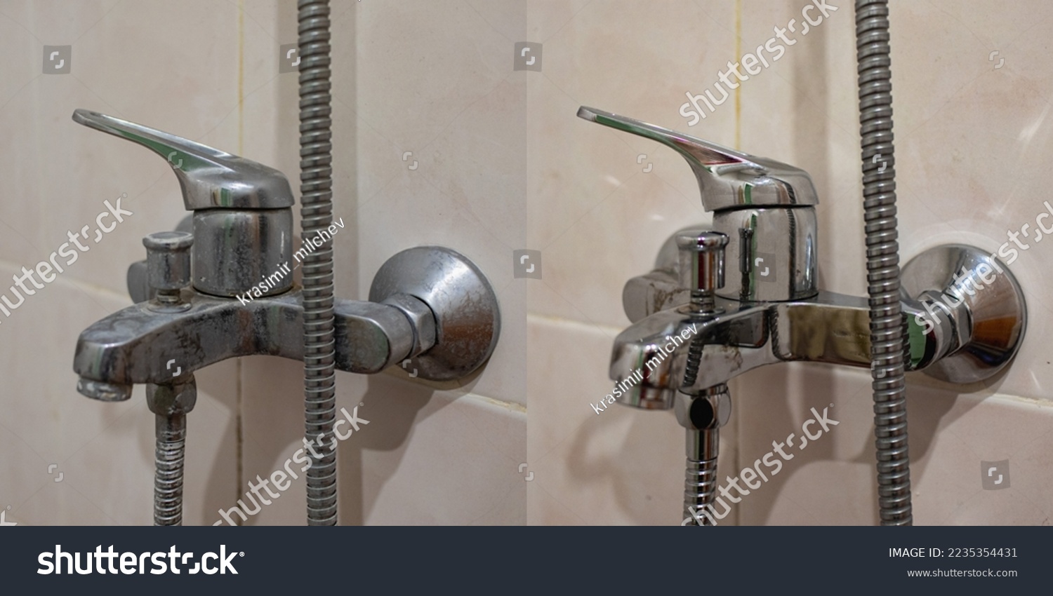 Before and after of a shower mixer. It had lime scale build up, but is now clean and shiny almost like new. #2235354431