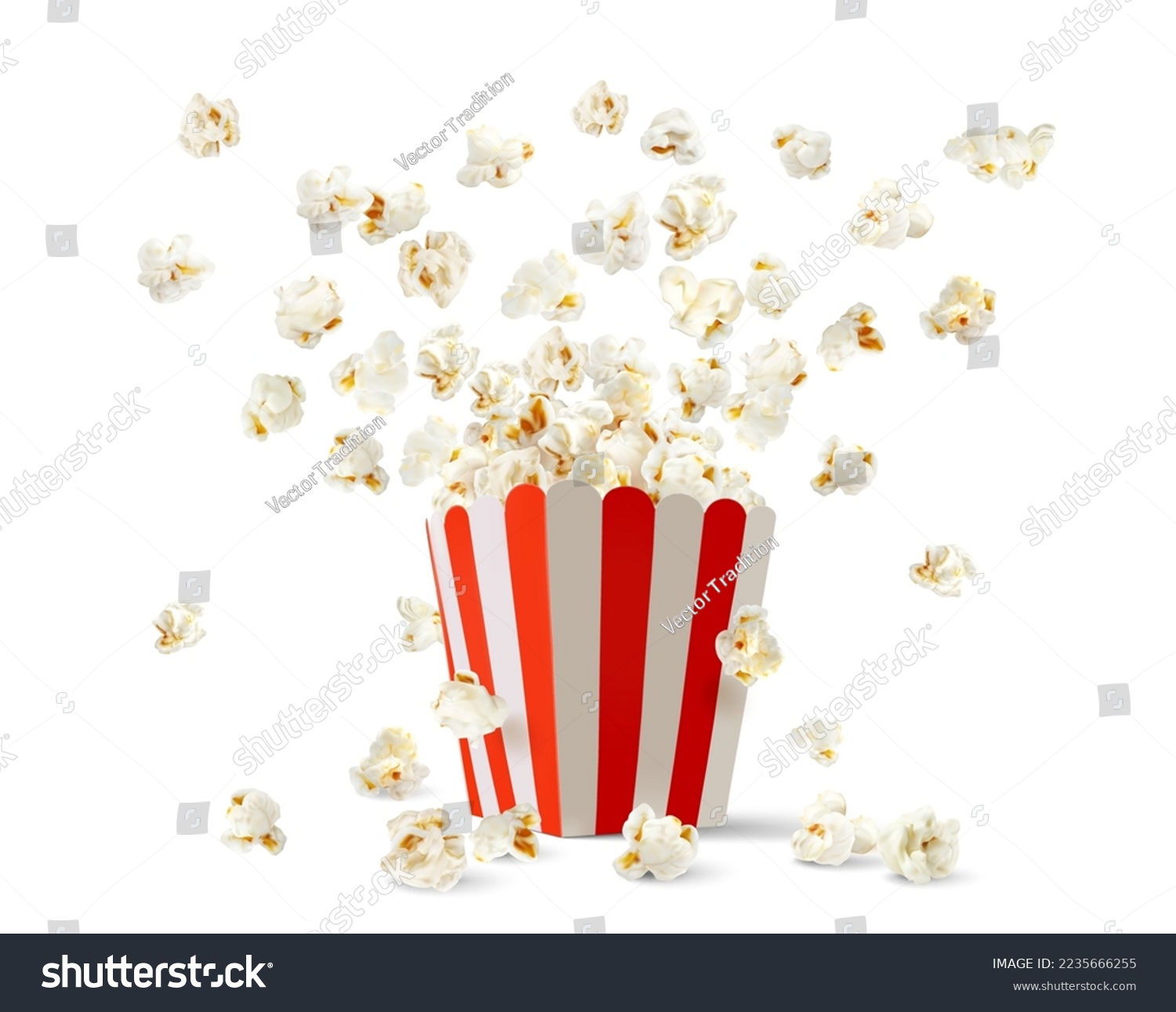 Popcorn box, Striped pop corn bucket container. Realistic vector mock up of white and red paper bucket with flying out and scatter around snack seeds, isolated 3d design for cinema or movie theater #2235666255