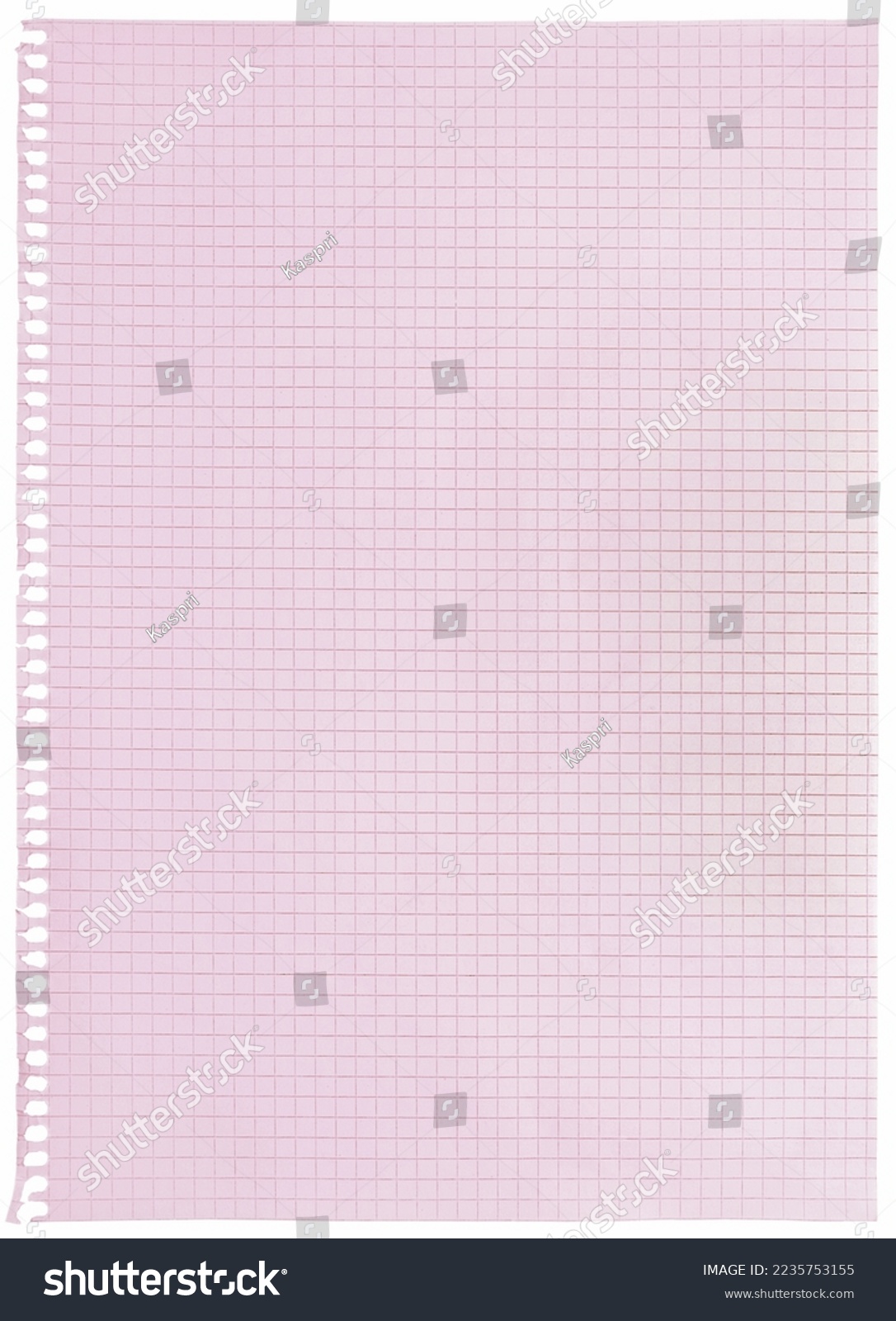 Checked pink paper natural texture background vintage pattern, large old spiral notebook page chequered ring binder A4 copy space vertical squared maths notepad torn isolated blank empty macro closeup #2235753155