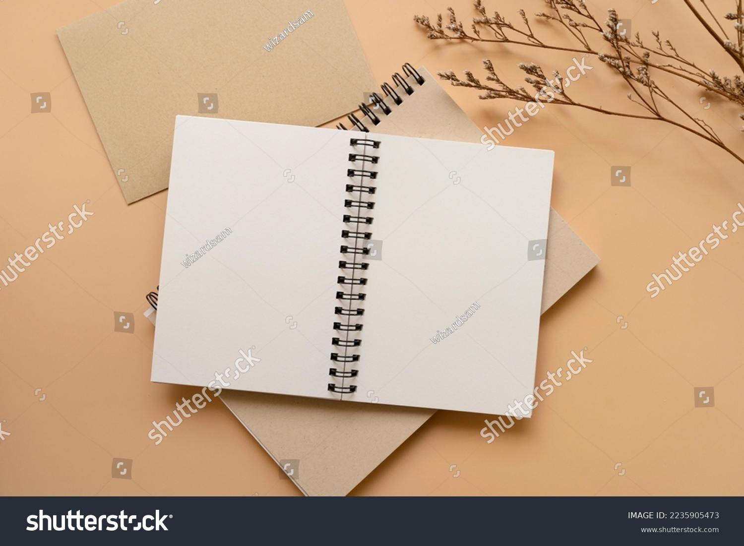 Notebook, A5, A6, metal ring bind, with white cream paper, with dried flowers and envelope. Stationary mockup template.  #2235905473
