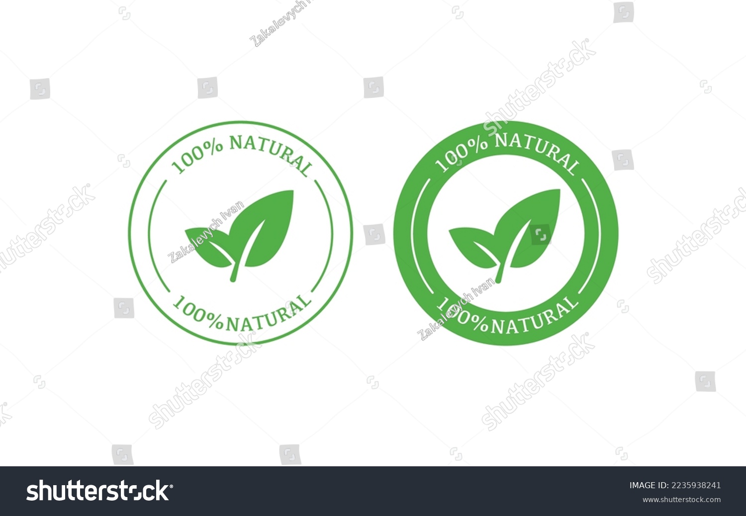100% natural ingredients icon. Stamp illustration symbol. Sign eco food and leaf vector. #2235938241