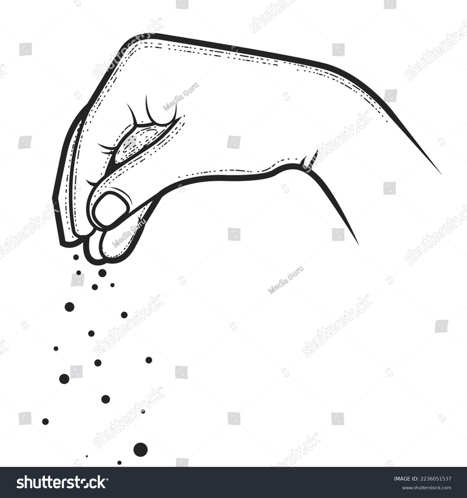 Hand of chief-cook powdering a dish with condiment, pinch of salt, spice or seasoning, pinched fingers, vector #2236051537