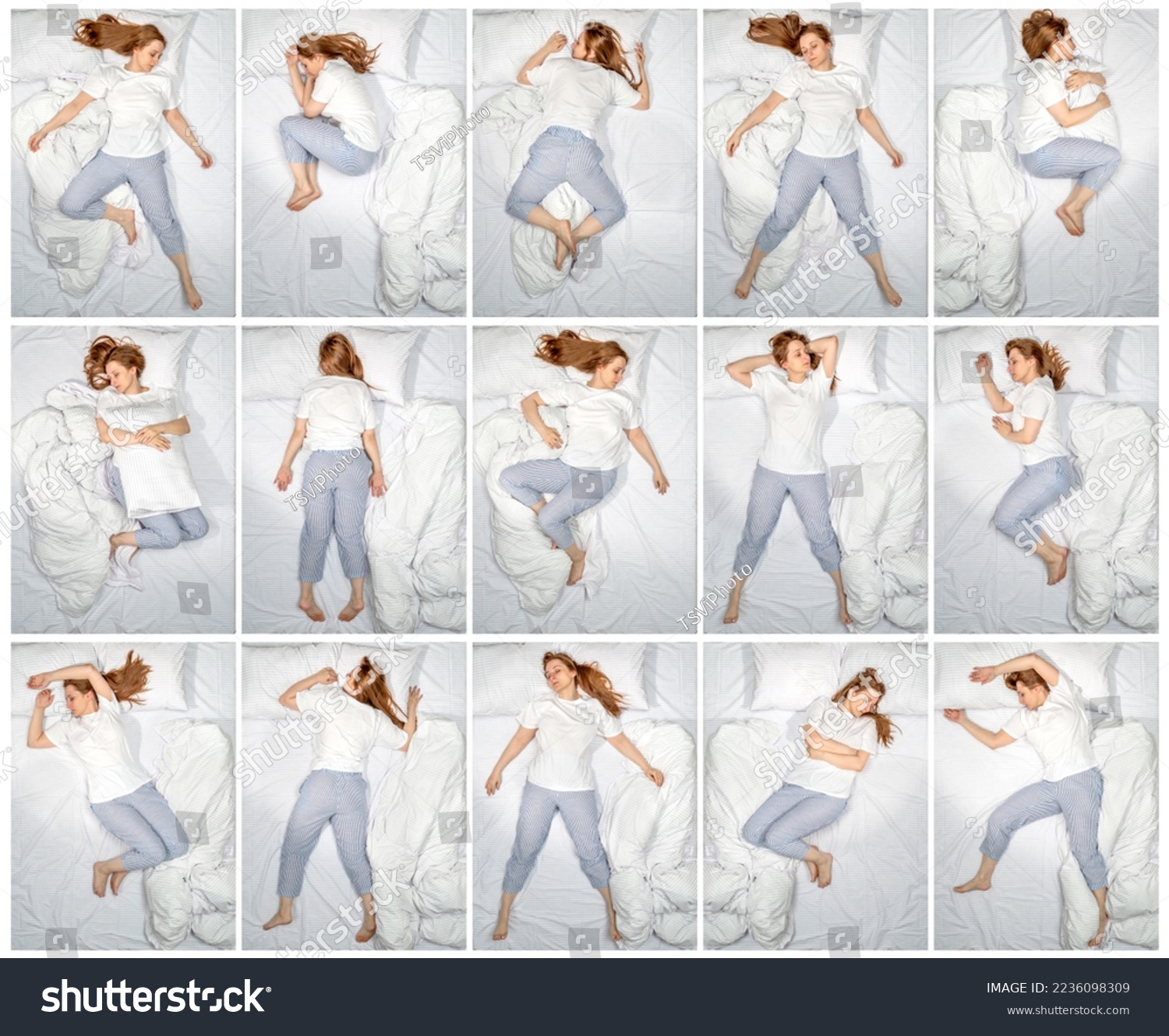 Various poses of a sleeping woman. Female side sleeper fetal position, on the back, on her side, face down on stomach in bed. Deep restful sleep. Girl lying in a nightie pajamas on white bed linen. #2236098309