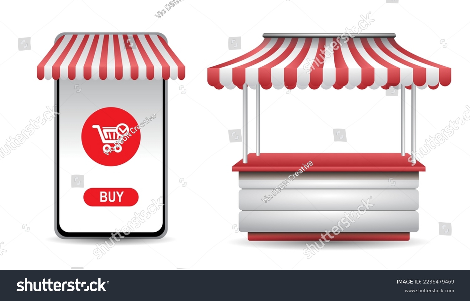 illustration of market stall or mobile commerce with red and white awning striped isolated #2236479469