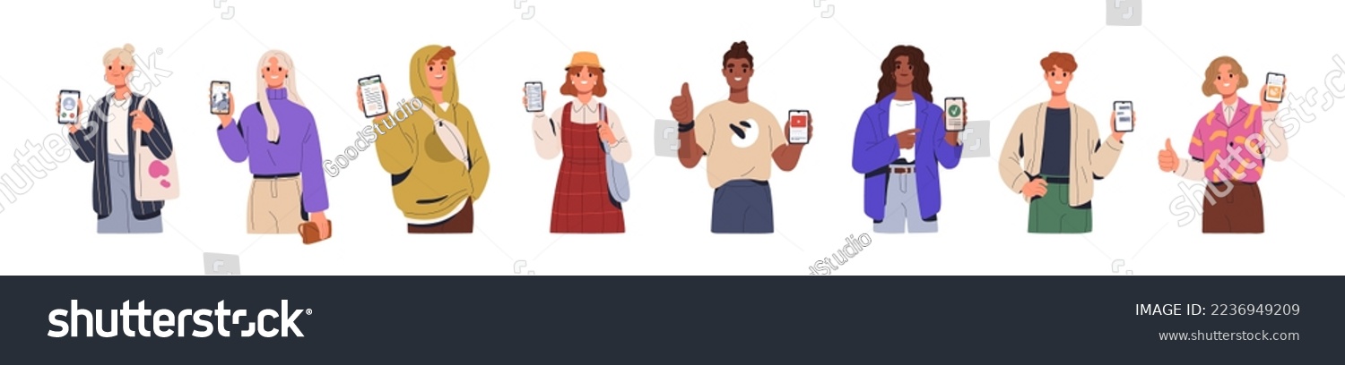 Happy people showing mobile phone screens set. Men, women holding smartphone, cellphone displays with apps, online messages, video, photo. Flat vector illustrations isolated on white background #2236949209