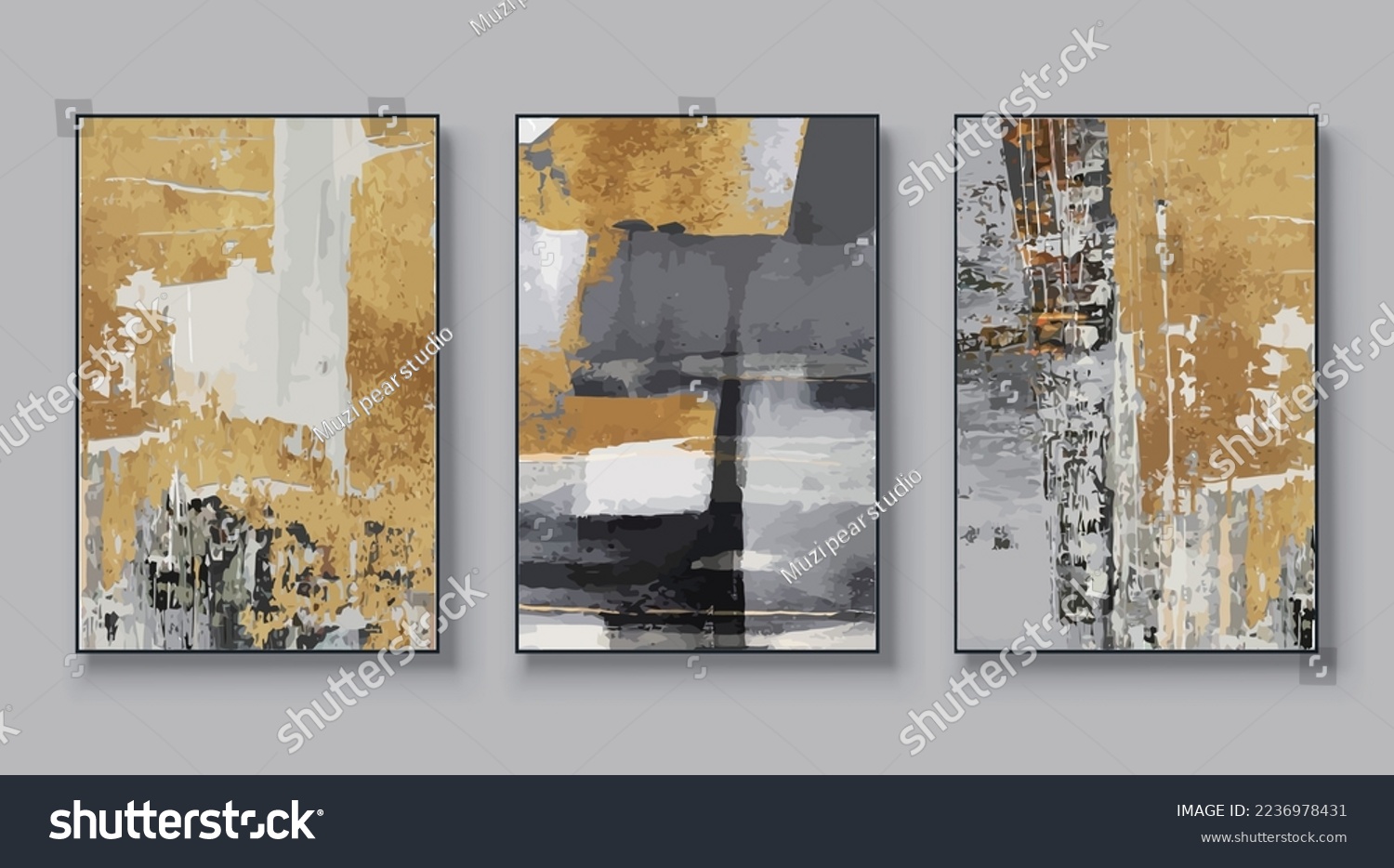 Modern abstract painting wall art set. Posters, covers, prints. Watercolor hand painted background. Creative colorful, black, white, gold art triptych. Vector illustration. #2236978431