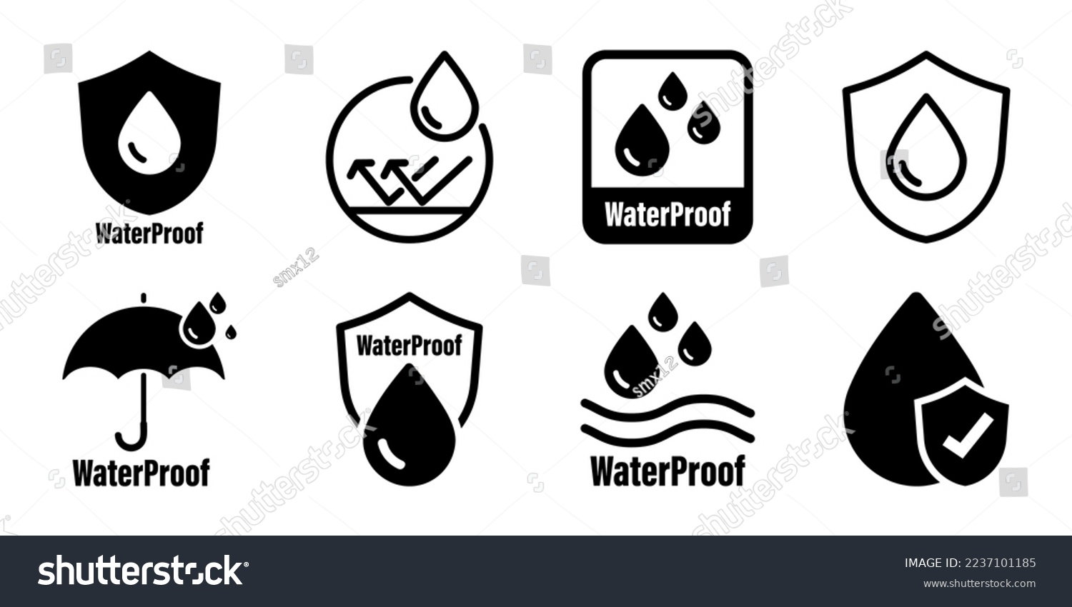 Waterproof icons. Water Proof. Collection of water resistant signs. Water protection, liquid proof protection. Shield with water drop. Anti wetting material, hydrophobic fabric, surface protection #2237101185