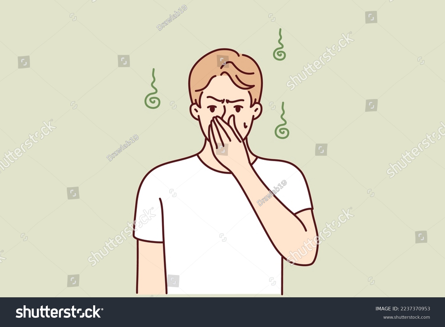Dissatisfied man pinching nose with hand while suffering from unpleasant smell sweat. Guy is experiencing discomfort due to non-compliance with hygiene standards or health problems. Flat vector image #2237370953