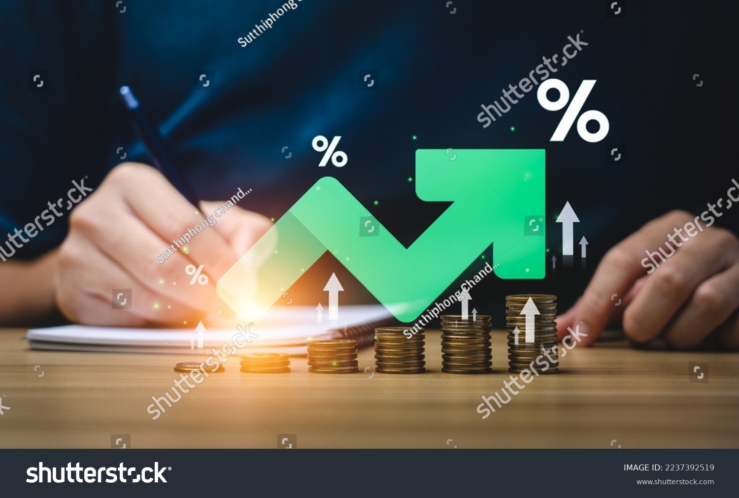 Interest rate and dividend concept, Businessman is calculating income and return on investment in percentage. income, return, retirement, compensation fund, investment, dividend tax, stock market #2237392519